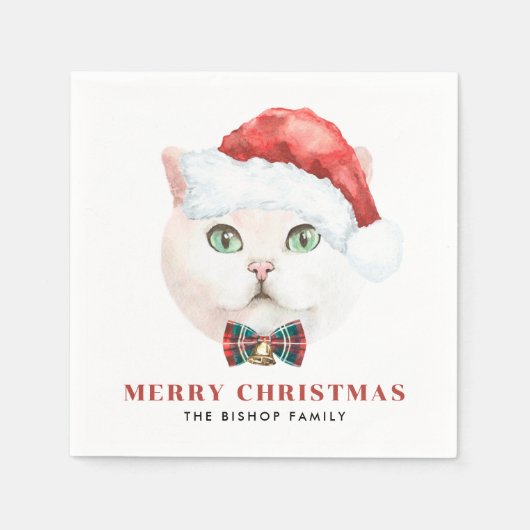 水彩ブリティッシュショートヘア猫サンタクリスマス スタンダードカクテルナプキン (正面)