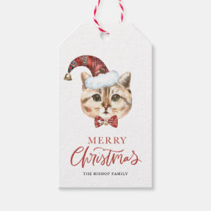 水彩ブリティッシュ・ショートヘアの猫とメリークリスマス ギフトタグ