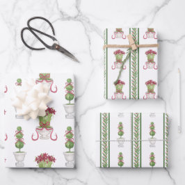 水彩ブルガンディアマリリス&トピアリークリスマス ラッピングペーパーシート