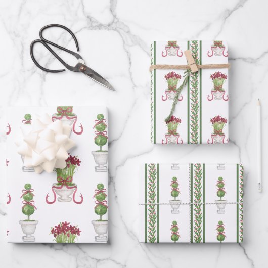 水彩ブルガンディアマリリス&トピアリークリスマス ラッピングペーパーシート (正面)