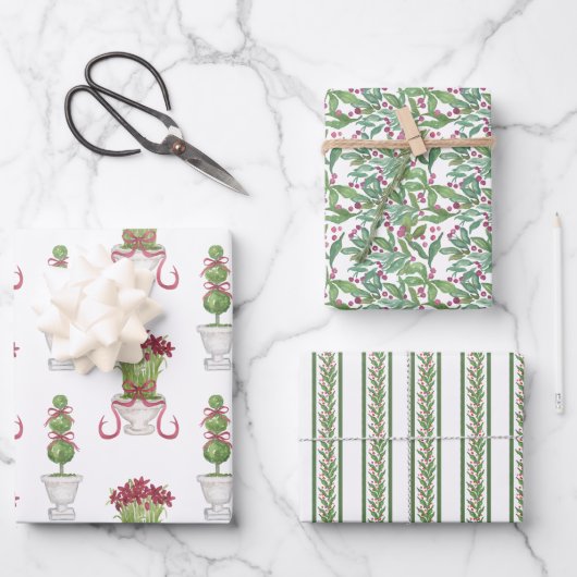 水彩ブルガンディアマリリス&トピアリークリスマス ラッピングペーパーシート (正面)