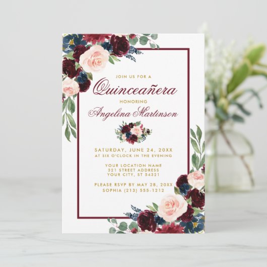 水彩ブルガンディブルーフローラ金ゴールドキンセアニェラ 招待状 (スタンド正面)