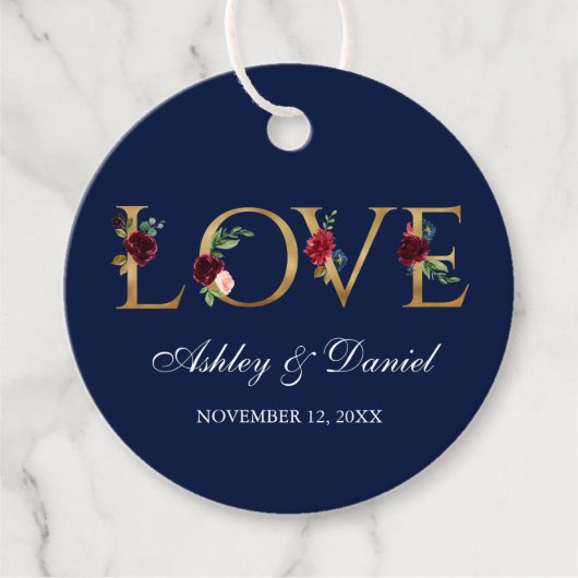 水彩ブルガンディブルーフローラ金ゴールドラヴ結婚ズ フェイバータグ (正面)