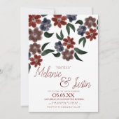 水彩ブルガンディブループラッシュピンク結婚フローラ 招待状 (正面)