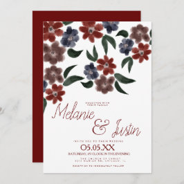 水彩ブルガンディブループラッシュピンク結婚フローラ 招待状
