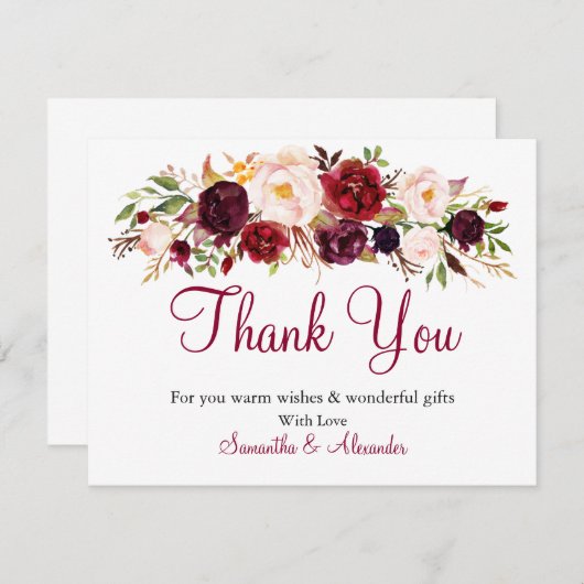水彩ブルガンディマルサラフラワーサンキューカード (正面/裏面)