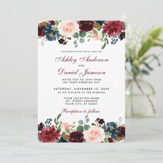 水彩ブルガンディーブルーフローラエレガントな結婚式W 招待状 (スタンド正面)