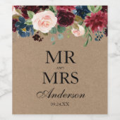 水彩ブルガンディーブルーフローラ結婚ズクラフト ワインラベル (シングルラベル)