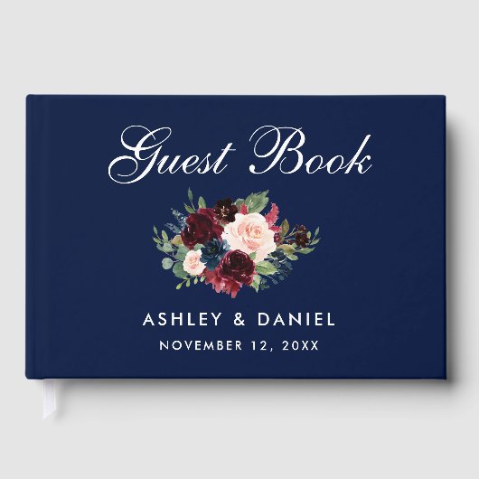 水彩ブルガンディーブルーフローラ結婚ズ ゲストブック (正面)