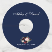 水彩ブルガンディーブルーフローラ結婚ズ ワイングラスタグ (正面)