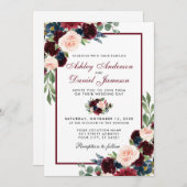 水彩ブルガンディーブルーフローラ結婚ズ 招待状 (正面/裏面)