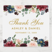 水彩ブルガンディーブルーフローラ結婚金ゴールド スパークリングワインラベル (シングルラベル)