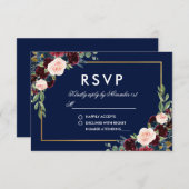 水彩ブルガンディーブルーフローラ金ゴールドRSVP 出欠カード (正面/裏面)