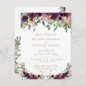 水彩ブルガンディーホワイト金ゴールド結婚フローラ インビテーションポストカード (正面/裏面)