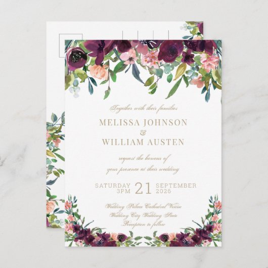 水彩ブルガンディーホワイト金ゴールド結婚フローラ インビテーションポストカード (正面/裏面)