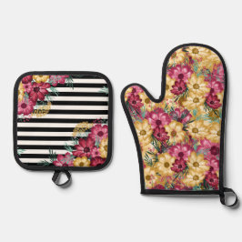 水彩ブルゴーニュおよび黄色デイジー花 鍋つかみ&鍋敷きセット