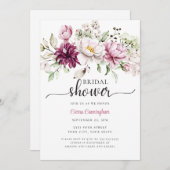 水彩ブルゴーニュとピンクフローラブライダルシャワー 招待状 (正面/裏面)