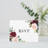 水彩ブルゴーニュとブルーフラワーウェディングRSVP ポストカード (スタンド正面)