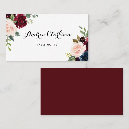 水彩ブルゴーニュとブルーフローラブーケ プレイスカード (正面/裏面)