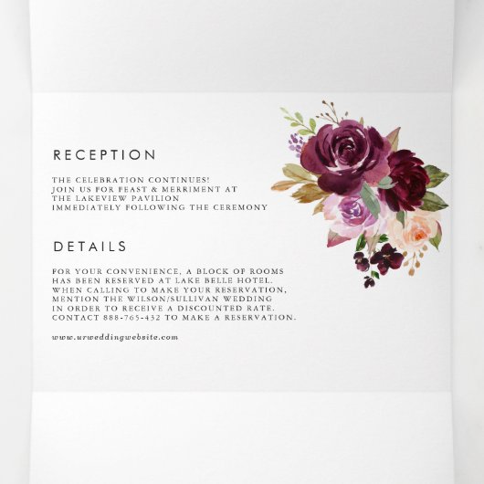 水彩ブルゴーニュと紫のフローラ秋の結婚式 三つ折り招待状 (内部中)