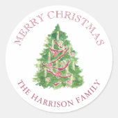 水彩ブルゴーニュと緑のクリスマスツリー ラウンドシール (正面)