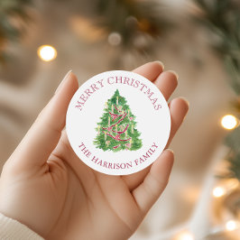 水彩ブルゴーニュと緑のクリスマスツリー ラウンドシール