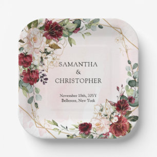 水彩ブルゴーニュと赤面結婚金ゴールド ペーパープレート