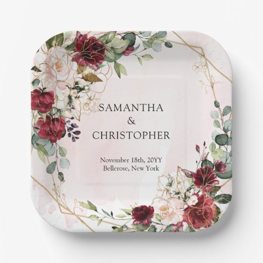 水彩ブルゴーニュと赤面結婚金ゴールド ペーパープレート (正面)