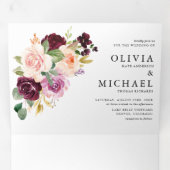 水彩ブルゴーニュと赤面花模様秋の結婚式 三つ折り招待状 (内部最初)