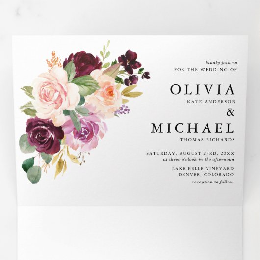 水彩ブルゴーニュと赤面花模様秋の結婚式 三つ折り招待状 (内部最初)