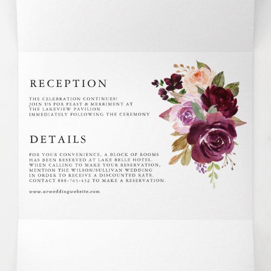 水彩ブルゴーニュと赤面花模様秋の結婚式 三つ折り招待状 (内部中)