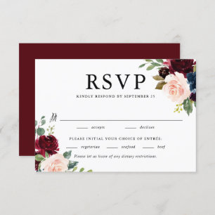 水彩ブルゴーニュと青結婚の花 出欠カード