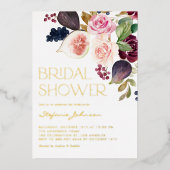 水彩ブルゴーニュの花とイチジクのブライダルシャワー 箔招待状 (正面)