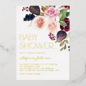 水彩ブルゴーニュの花とイチジクの赤ちゃんシャワー 箔招待状 (正面)