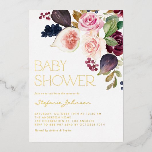 水彩ブルゴーニュの花とイチジクの赤ちゃんシャワー 箔招待状 (正面)