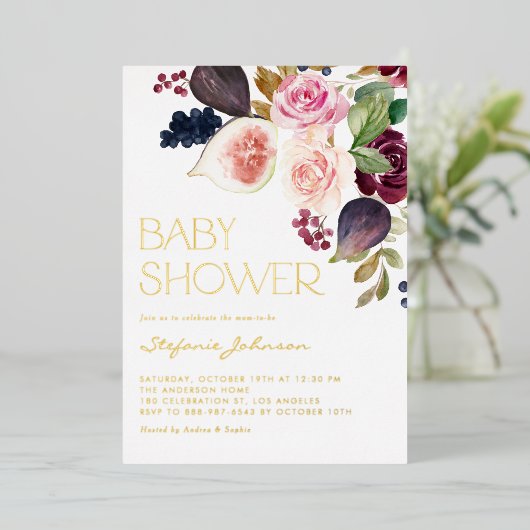 水彩ブルゴーニュの花とイチジクの赤ちゃんシャワー 箔招待状 (立ち正面)