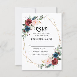 水彩ブルゴーニュネイビーブルーフローラ幾何学模様 出欠カード