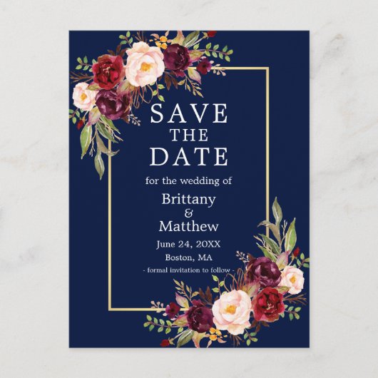 水彩ブルゴーニュバラブルー金ゴールド保存日 ポストカード (正面)