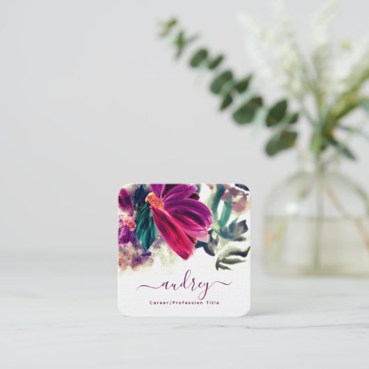 水彩ブルゴーニュフローラグリーン熱帯葉 スクエア名刺 (スタンド正面)