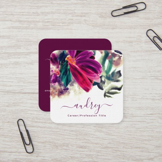 水彩ブルゴーニュフローラグリーン熱帯葉 スクエア名刺 (正面/裏面インサイチュ)