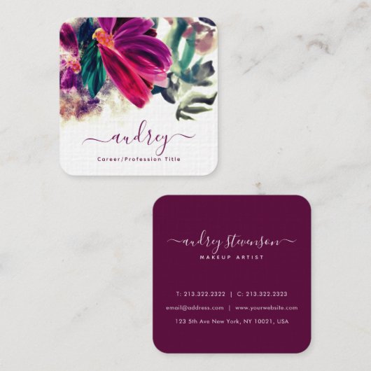 水彩ブルゴーニュフローラグリーン熱帯葉 スクエア名刺 (正面/裏面)