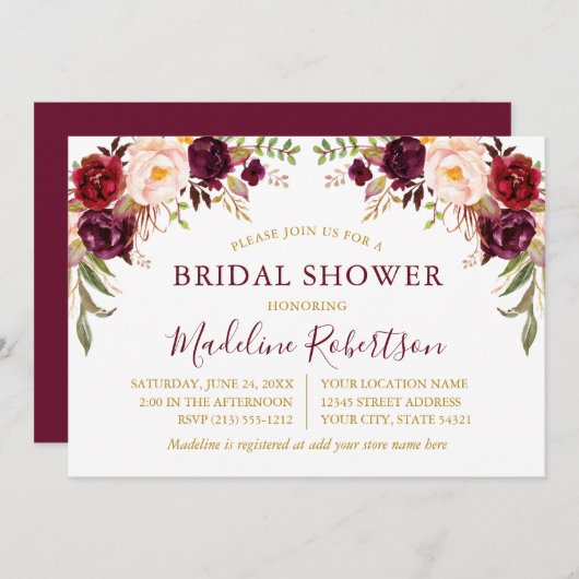 水彩ブルゴーニュフローラブライダルシャワー金ゴールド 招待状 (正面/裏面)