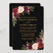 水彩ブルゴーニュフローラブラックと金ゴールド結婚ズ 招待状 (正面/裏面)