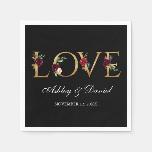 水彩ブルゴーニュフローラブラック金ゴールドラブ結婚ズ スタンダードカクテルナプキン (正面)