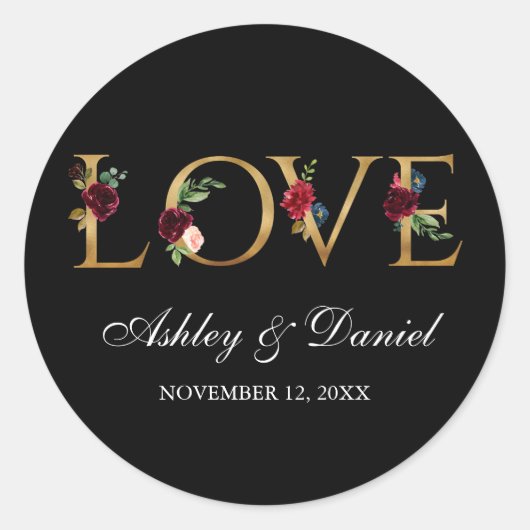 水彩ブルゴーニュフローラブラック金ゴールドラブ結婚ズ ラウンドシール (正面)
