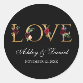 水彩ブルゴーニュフローラブラック金ゴールドラブ結婚ズ ラウンドシール