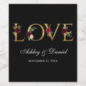 水彩ブルゴーニュフローラブラック金ゴールドラブ結婚ズ ワインラベル (シングルラベル)