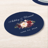 水彩ブルゴーニュフローラブルー結婚ズ ラウンドペーパーコースター (アングル)