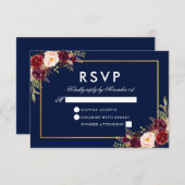 水彩ブルゴーニュフローラブルー金ゴールドRSVP 出欠カード (正面/裏面)