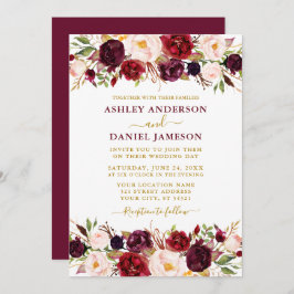 水彩ブルゴーニュフローラモダン金ゴールド結婚ズ 招待状